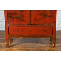 Qing Dynasty 19th Century Painted Chinoiserie Cabinet with Original Red Lacquer
