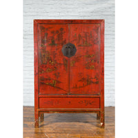 Qing Dynasty 19th Century Painted Chinoiserie Cabinet with Original Red Lacquer