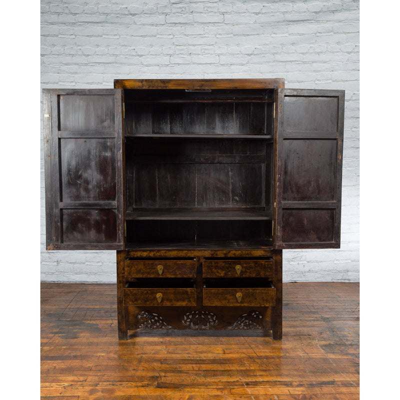 Chinese Qing Dynasty 19th Century Armoire with Carved Skirt, Doors and Drawers - Antique Chinese and Vintage Asian Furniture for Sale at FEA Home