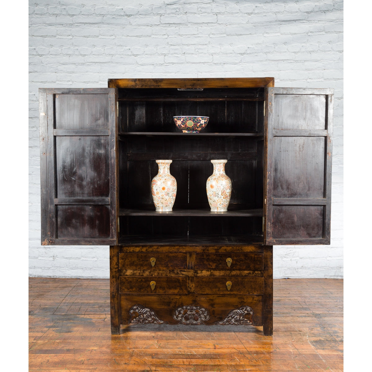 Chinese Qing Dynasty 19th Century Armoire with Carved Skirt, Doors and Drawers-3. Asian &amp; Chinese Furniture, Art, Antiques, Vintage Home Décor for sale at FEA Home
