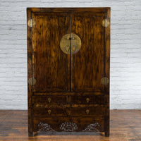 Chinese Qing Dynasty 19th Century Armoire with Carved Skirt, Doors and Drawers