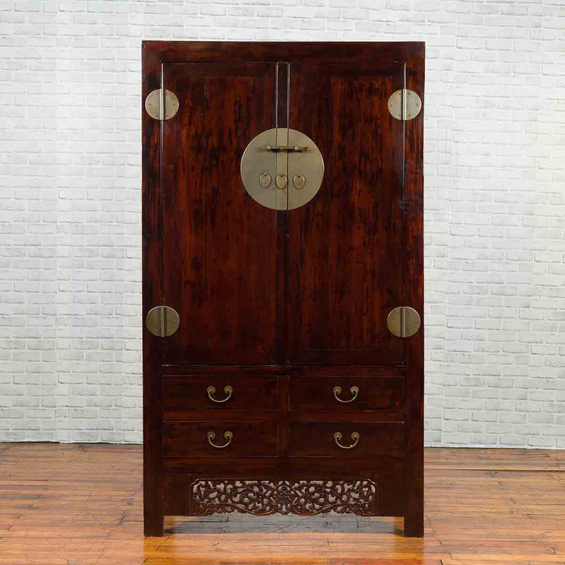 Chinese 19th Century Qing Dynasty Brown Lacquered Cabinet with Carved Apron