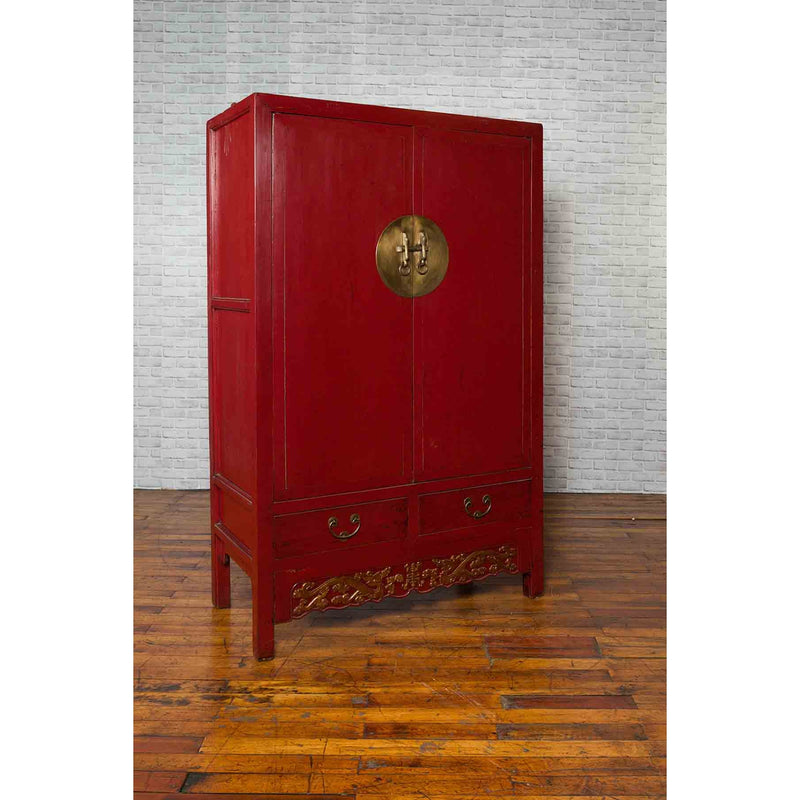 Chinese Red Lacquered Qing Dynasty 19th Century Cabinet with Carved Gilt Apron-YN1041-11. Asian & Chinese Furniture, Art, Antiques, Vintage Home Décor for sale at FEA Home