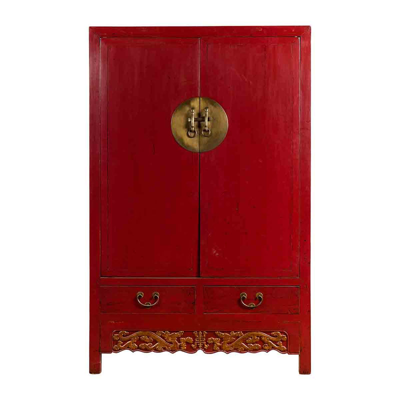 Chinese Red Lacquered Qing Dynasty 19th Century Cabinet with Carved Gilt Apron-YN1041-1. Asian & Chinese Furniture, Art, Antiques, Vintage Home Décor for sale at FEA Home