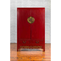 Chinese Red Lacquered Qing Dynasty 19th Century Cabinet with Carved Gilt Apron