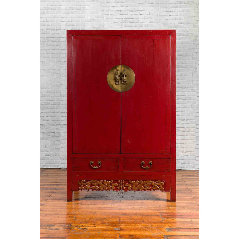 Chinese Red Lacquered Qing Dynasty 19th Century Cabinet with Carved Gilt Apron-YN1041-2. Asian & Chinese Furniture, Art, Antiques, Vintage Home Décor for sale at FEA Home