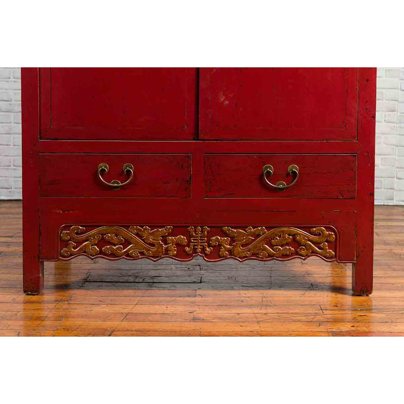 Chinese Red Lacquered Qing Dynasty 19th Century Cabinet with Carved Gilt Apron-YN1041-6. Asian & Chinese Furniture, Art, Antiques, Vintage Home Décor for sale at FEA Home