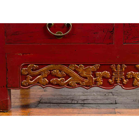 Chinese Red Lacquered Qing Dynasty 19th Century Cabinet with Carved Gilt Apron-YN1041-7. Asian & Chinese Furniture, Art, Antiques, Vintage Home Décor for sale at FEA Home