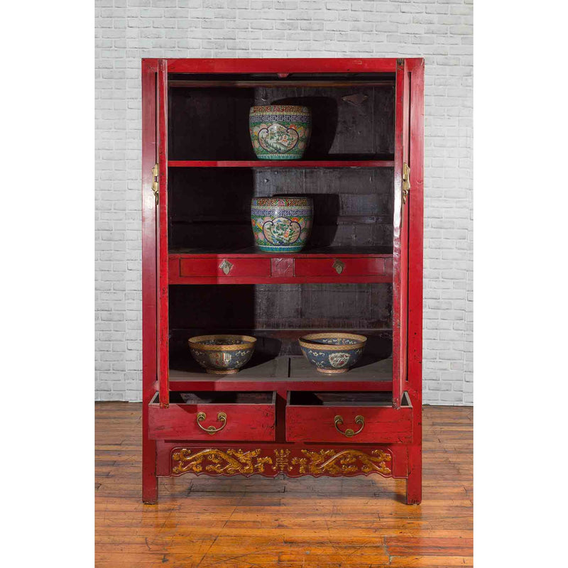 Chinese Red Lacquered Qing Dynasty 19th Century Cabinet with Carved Gilt Apron-YN1041-3. Asian & Chinese Furniture, Art, Antiques, Vintage Home Décor for sale at FEA Home