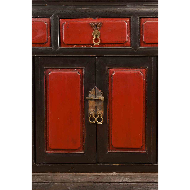 Chinese Qing Dynasty 19th Century Red and Black Lacquer Cabinet with Drawers-YN1055-8. Asian & Chinese Furniture, Art, Antiques, Vintage Home Décor for sale at FEA Home