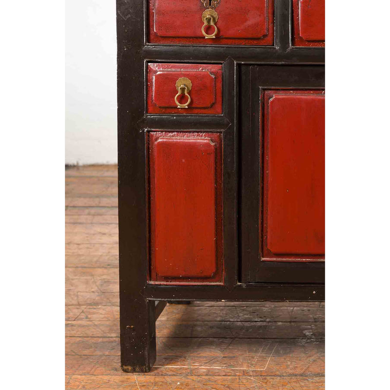 Chinese Qing Dynasty 19th Century Red and Black Lacquer Cabinet with Drawers-YN1055-9. Asian & Chinese Furniture, Art, Antiques, Vintage Home Décor for sale at FEA Home