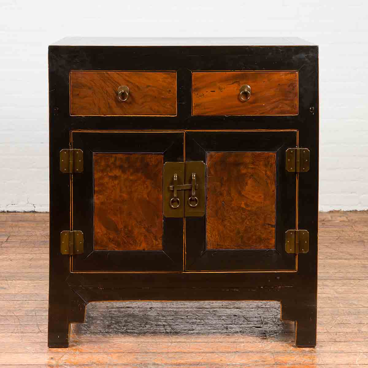Chinese Hebei Two Toned Low Cabinet with Black Lacquer and Burl Wood Accents-2. Asian & Chinese Furniture, Art, Antiques, Vintage Home Décor for sale at FEA Home