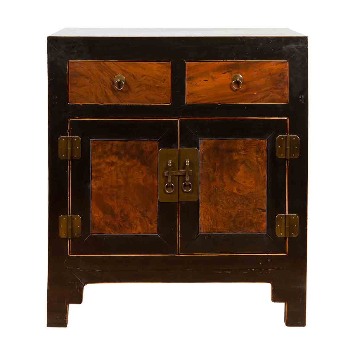 Chinese Hebei Two Toned Low Cabinet with Black Lacquer and Burl Wood Accents-1. Asian & Chinese Furniture, Art, Antiques, Vintage Home Décor for sale at FEA Home
