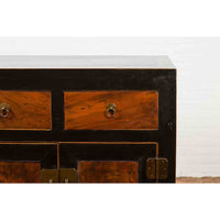 Chinese Hebei Two Toned Low Cabinet with Black Lacquer and Burl Wood Accents