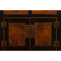 Chinese Hebei Two Toned Low Cabinet with Black Lacquer and Burl Wood Accents