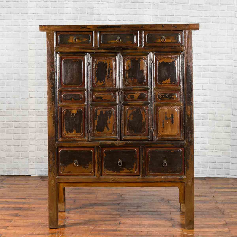 Chinese Qing Mid-19th Century Cabinet with Distressed Patina, Doors and Drawers