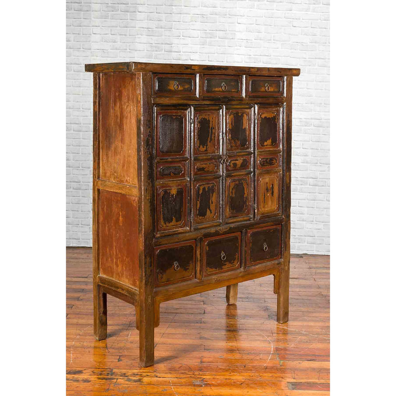 Chinese Qing Mid-19th Century Cabinet with Distressed Patina, Doors and Drawers