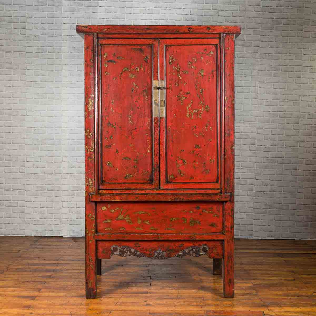 Chinese Qing Dynasty Original Red Lacquer Cabinet with Gilt Chinoiserie Decor-2. Asian & Chinese Furniture, Art, Antiques, Vintage Home Décor for sale at FEA Home