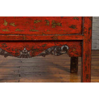 Chinese Qing Dynasty Original Red Lacquer Cabinet with Gilt Chinoiserie Decor