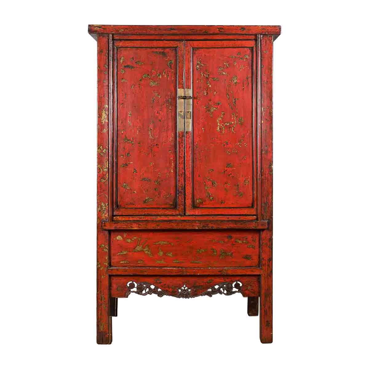 Chinese Qing Dynasty Original Red Lacquer Cabinet with Gilt Chinoiserie Decor-1. Asian & Chinese Furniture, Art, Antiques, Vintage Home Décor for sale at FEA Home
