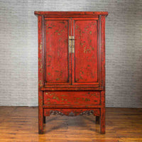 Chinese Qing Dynasty Original Red Lacquer Cabinet with Gilt Chinoiserie Decor