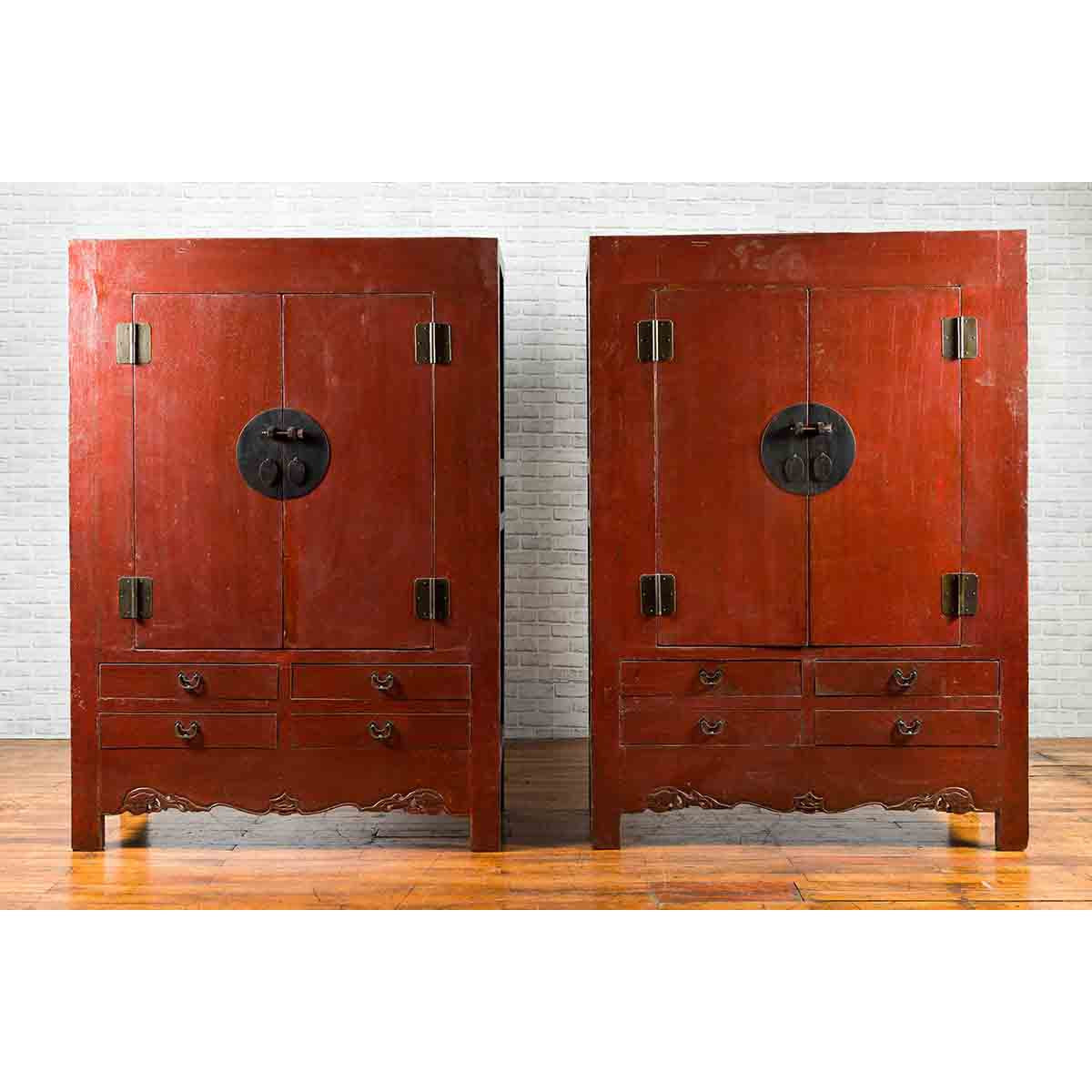 Chinese 19th Century Qing Dynasty Red Lacquer Cabinet with Medallion Hardware-5. Asian &amp; Chinese Furniture, Art, Antiques, Vintage Home Décor for sale at FEA Home