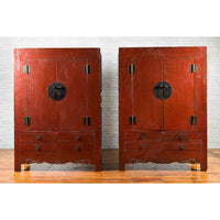 Chinese 19th Century Qing Dynasty Red Lacquer Cabinet with Medallion Hardware