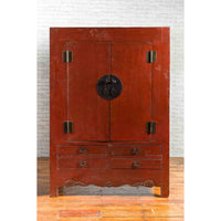 Chinese 19th Century Qing Dynasty Red Lacquer Cabinet with Medallion Hardware