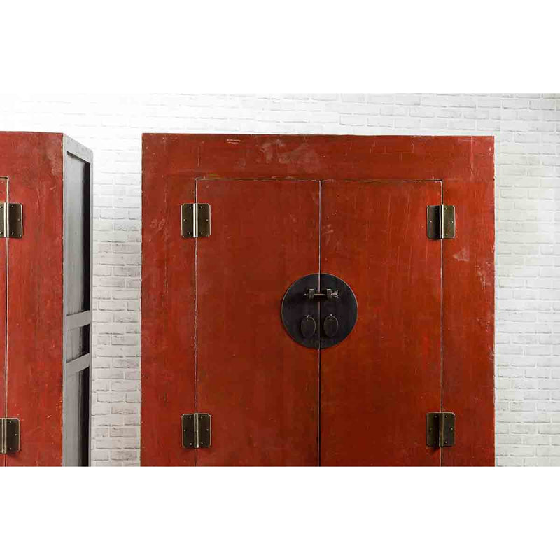 Chinese 19th Century Qing Dynasty Red Lacquer Cabinet with Medallion Hardware