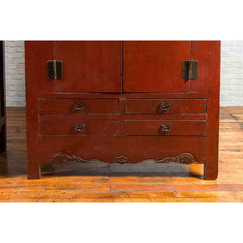 Chinese 19th Century Qing Dynasty Red Lacquer Cabinet with Medallion Hardware