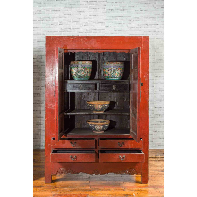Chinese 19th Century Qing Dynasty Red Lacquer Cabinet with Medallion Hardware