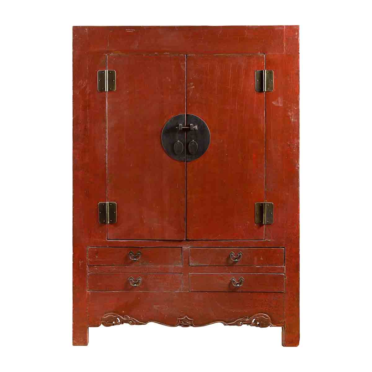 Chinese 19th Century Qing Dynasty Red Lacquer Cabinet with Medallion Hardware-1. Asian & Chinese Furniture, Art, Antiques, Vintage Home Décor for sale at FEA Home