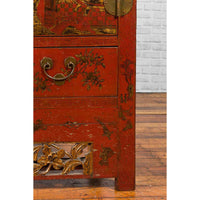 Chinese Qing Dynasty 19th Century Red Lacquer Cabinet with Chinoiserie Décor