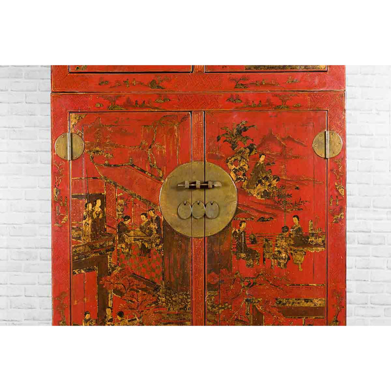 Chinese Qing Dynasty 19th Century Red Lacquer Cabinet with Chinoiserie Décor-6. Asian & Chinese Furniture, Art, Antiques, Vintage Home Décor for sale at FEA Home
