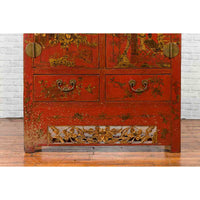 Chinese Qing Dynasty 19th Century Red Lacquer Cabinet with Chinoiserie Décor
