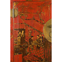 Chinese Qing Dynasty 19th Century Red Lacquer Cabinet with Chinoiserie Décor
