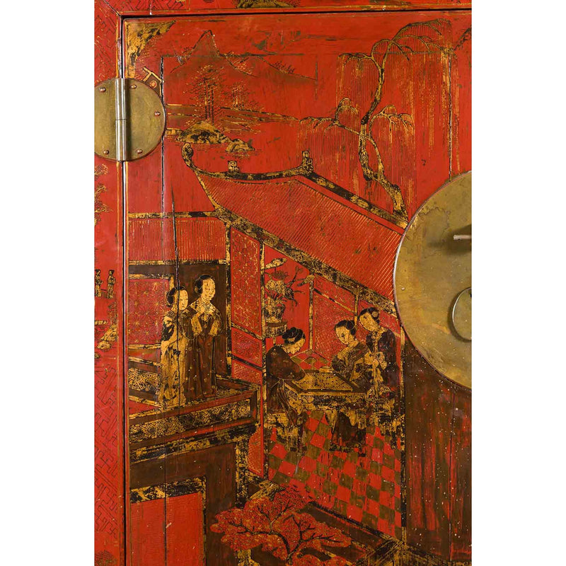 Chinese Qing Dynasty 19th Century Red Lacquer Cabinet with Chinoiserie Décor-8. Asian & Chinese Furniture, Art, Antiques, Vintage Home Décor for sale at FEA Home