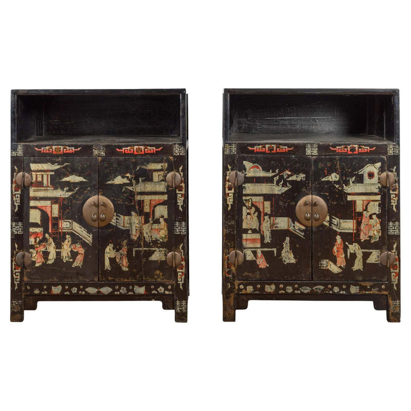 Pair of Chinese Qing Dynasty Black Lacquer Cabinets with Hand Painted Motifs-YN1103-1. Asian & Chinese Furniture, Art, Antiques, Vintage Home Décor for sale at FEA Home