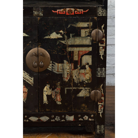 Pair of Chinese Qing Dynasty Black Lacquer Cabinets with Hand Painted Motifs-YN1103-10. Asian & Chinese Furniture, Art, Antiques, Vintage Home Décor for sale at FEA Home