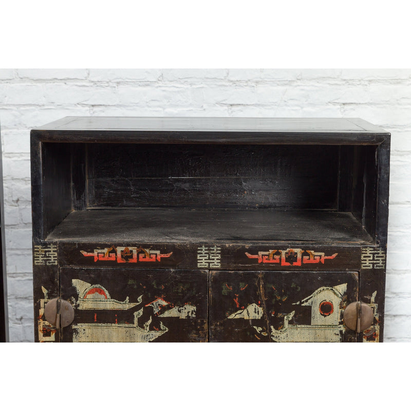 Pair of Chinese Qing Dynasty Black Lacquer Cabinets with Hand Painted Motifs-YN1103-11. Asian & Chinese Furniture, Art, Antiques, Vintage Home Décor for sale at FEA Home