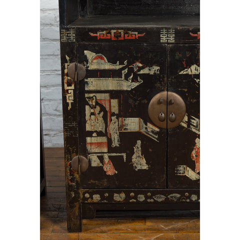 Pair of Chinese Qing Dynasty Black Lacquer Cabinets with Hand Painted Motifs-YN1103-12. Asian & Chinese Furniture, Art, Antiques, Vintage Home Décor for sale at FEA Home