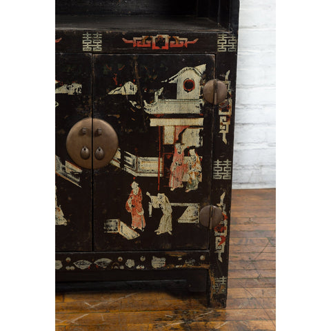 Pair of Chinese Qing Dynasty Black Lacquer Cabinets with Hand Painted Motifs-YN1103-13. Asian & Chinese Furniture, Art, Antiques, Vintage Home Décor for sale at FEA Home