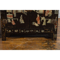 Pair of Chinese Qing Dynasty Black Lacquer Cabinets with Hand Painted Motifs