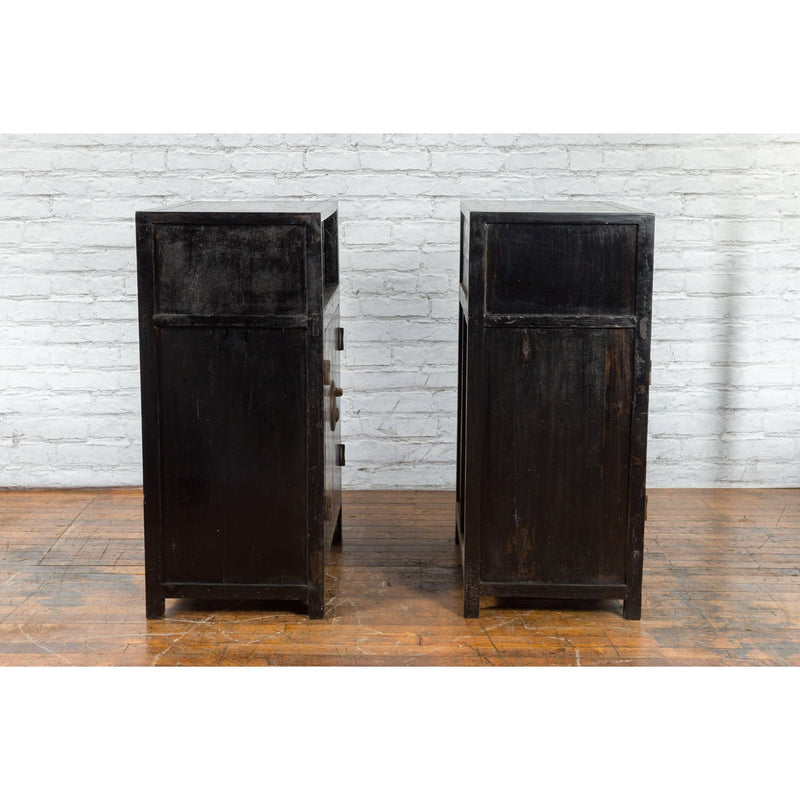 Pair of Chinese Qing Dynasty Black Lacquer Cabinets with Hand Painted Motifs-YN1103-16. Asian & Chinese Furniture, Art, Antiques, Vintage Home Décor for sale at FEA Home
