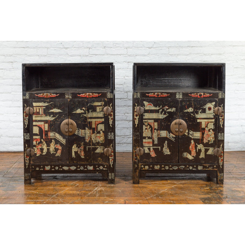 Pair of Chinese Qing Dynasty Black Lacquer Cabinets with Hand Painted Motifs-YN1103-2. Asian & Chinese Furniture, Art, Antiques, Vintage Home Décor for sale at FEA Home