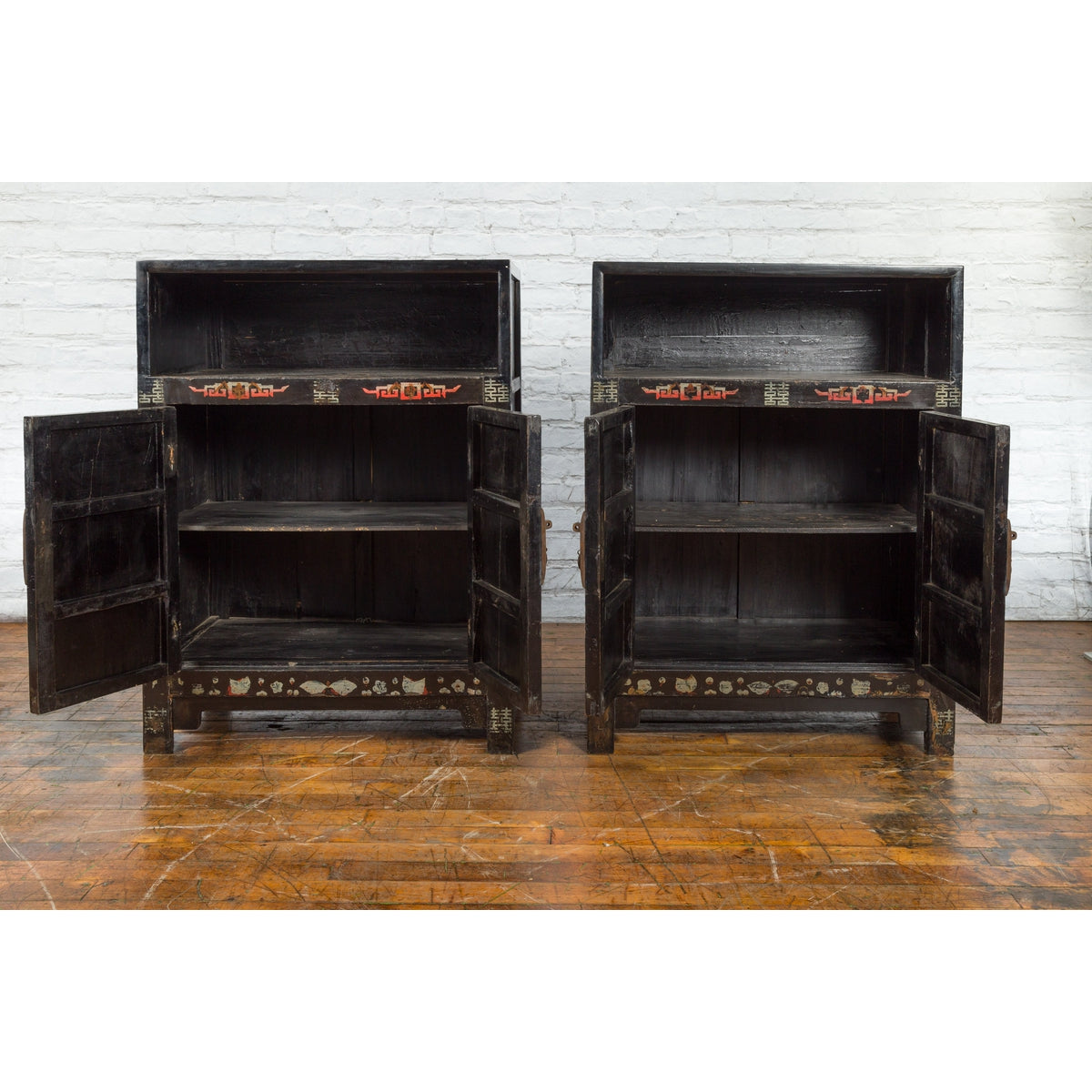 Pair of Chinese Qing Dynasty Black Lacquer Cabinets with Hand Painted Motifs-3. Asian &amp; Chinese Furniture, Art, Antiques, Vintage Home Décor for sale at FEA Home