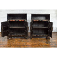 Pair of Chinese Qing Dynasty Black Lacquer Cabinets with Hand Painted Motifs