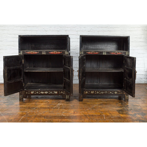 Pair of Chinese Qing Dynasty Black Lacquer Cabinets with Hand Painted Motifs-YN1103-3. Asian & Chinese Furniture, Art, Antiques, Vintage Home Décor for sale at FEA Home