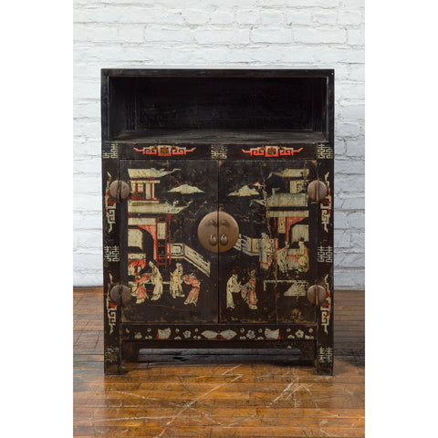 Pair of Chinese Qing Dynasty Black Lacquer Cabinets with Hand Painted Motifs-YN1103-4. Asian & Chinese Furniture, Art, Antiques, Vintage Home Décor for sale at FEA Home