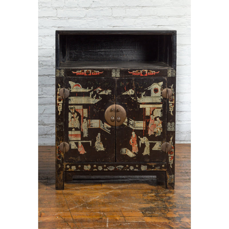 Pair of Chinese Qing Dynasty Black Lacquer Cabinets with Hand Painted Motifs-YN1103-5. Asian & Chinese Furniture, Art, Antiques, Vintage Home Décor for sale at FEA Home